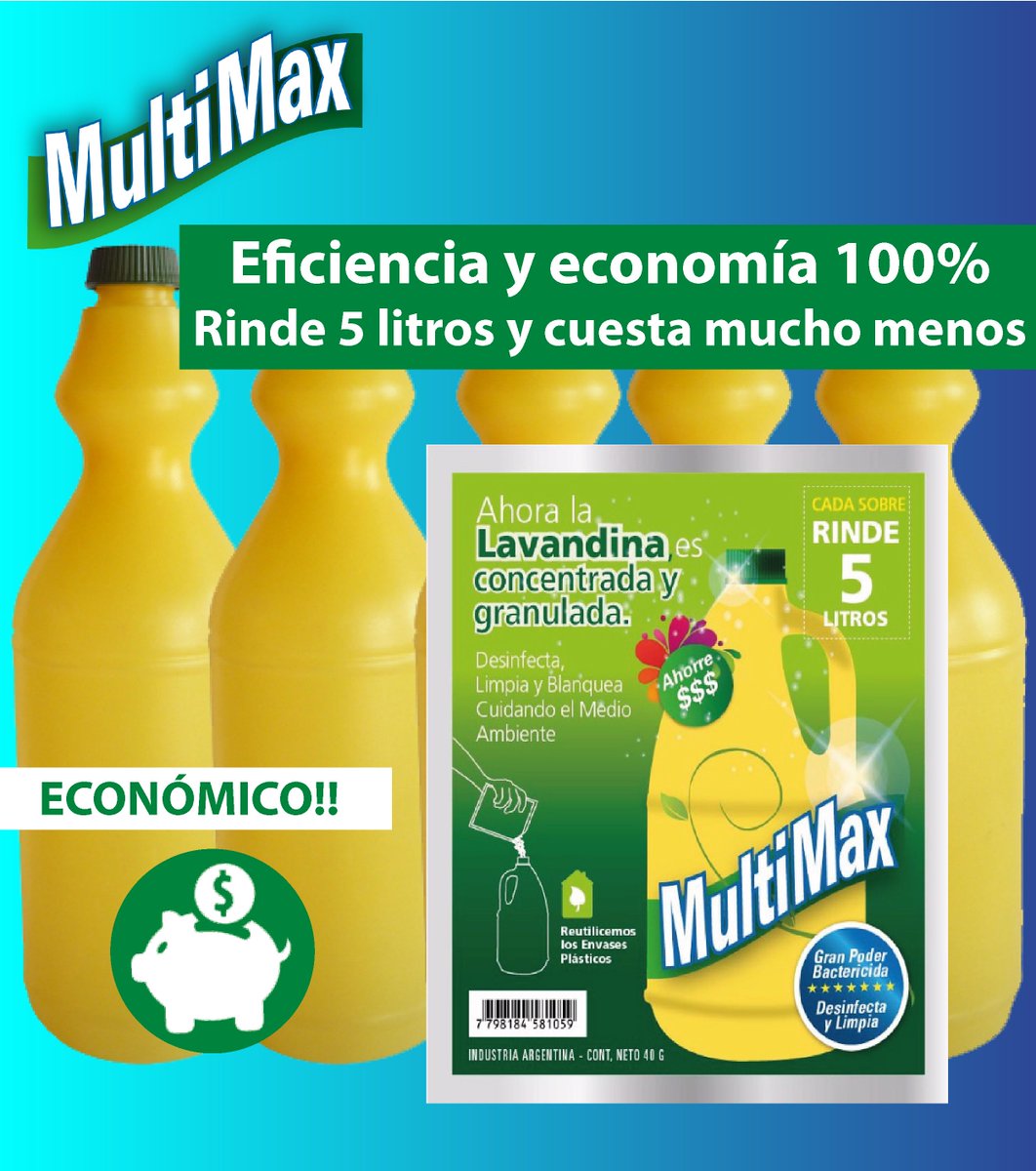 ProdMultimax's tweet image. ♻ Podes comprar lavandina concentrada y granulada. Viene en un sobre de 40 gramos y rinde 5 litros. Eficiencia y Economía 100%

@DiscoArg @Coto_Ar @JumboArg @carrefourarg @TizadoJavier @Veasuper @opds_gba @AmbienteNacion  @ALERTA_VERDE @ComercioCAME  @ALAS_Oficial @GrassoFer