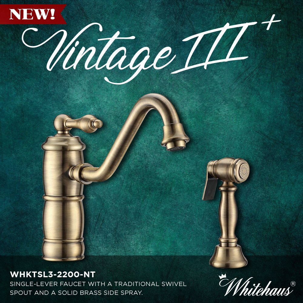 Check the WHKTSL3-2200-NT Vintage III Plus single-lever kitchen faucet with traditional swivel spout and matching side spray, both made of solid brass.
Available in: Antique Brass, Brushed Nickel, Polished Chrome, Oil Rubbed Bronze and Polished Nickel.

whitehauscollection.com/product/whktsl…