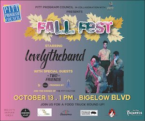 ThePittNews's tweet photo. Don't miss this year's Fall Fest starring lovelytheband, with special guests Two Friends and Palm on Sunday October 13 at 1PM! And join us for a food truck round-up! #FallFest19 https://t.co/hJPZi5jUrm