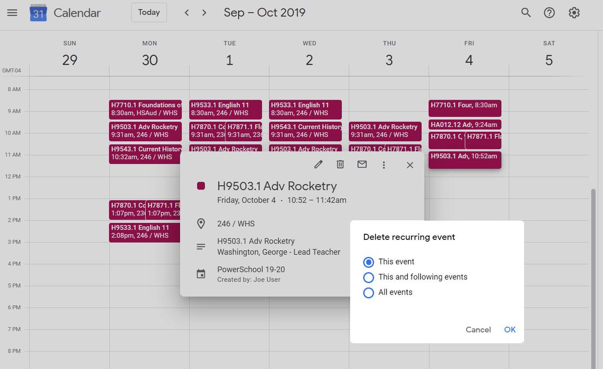 mixprotocol's tweet image. Work in progress, nearing completion, a glimpse.  Teacher schedule exports in native iCal format with section meetings linked as recurring events.  Release imminent!  #PowerSchool #Google #Calendar