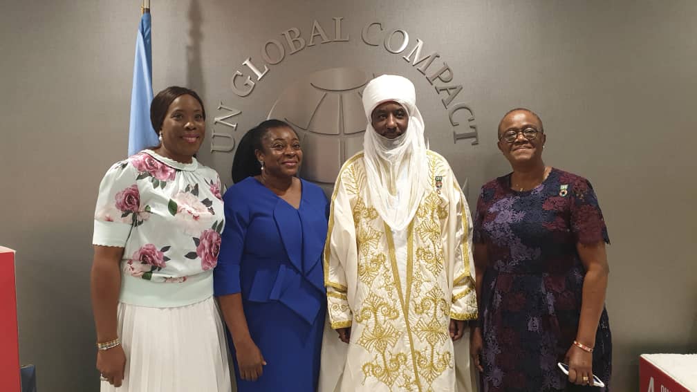 Communications, Public Affairs and Sustainable Development Director, Lafarge Africa, Folashade Ambrose- Medebem with Ayotola Jagun of Oando Plc, the Emir of Kano HRH Sanusi Lamido Sanusi and Ms. Olajobi Makinwa of the United Nations Global Compact at the 2019 #UNGA