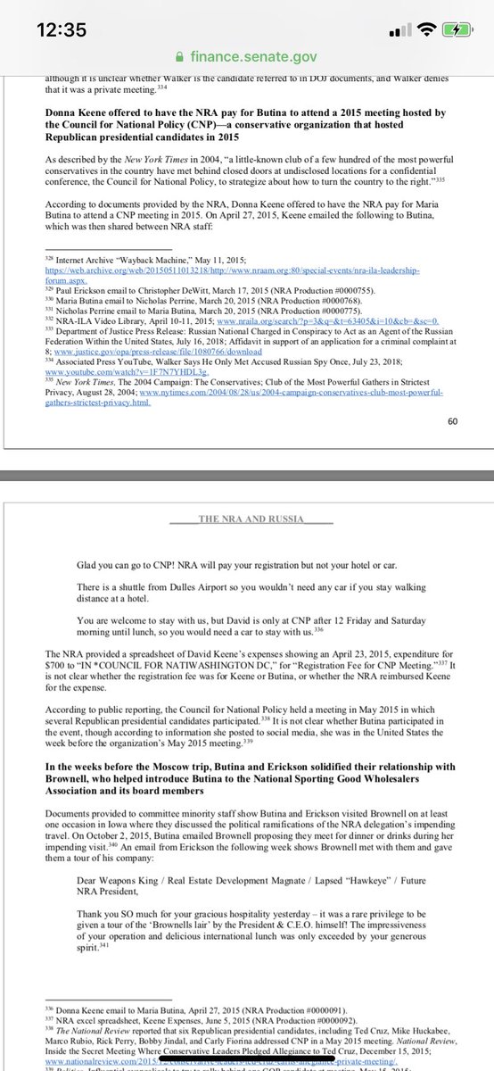 3/ From the Senate Finance report re: 4/27/15 email from David Keene to Maria Butina stating “glad you can go to CNP!” :  https://www.finance.senate.gov/imo/media/doc/The%20NRA%20&%20Russia%20-%20How%20a%20Tax-Exempt%20Organization%20Became%20a%20Foreign%20Asset%20(with%20addendum).pdf