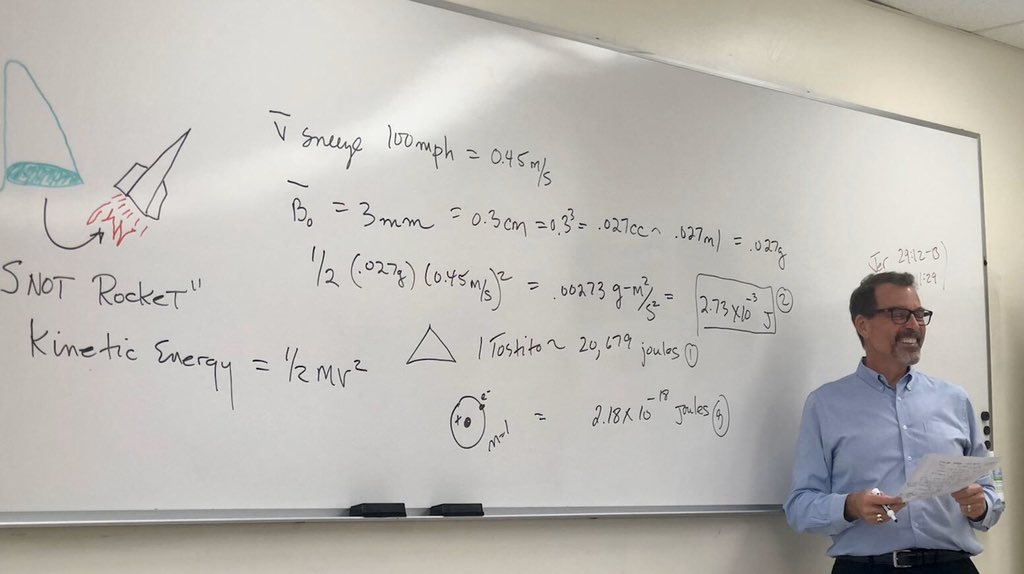 ProfeGreg's tweet photo. My wife’s story of a professor (at another institution!) who blew his nose out the window in front of his math class led to this light-hearted calculation of the #KineticEnergy of a #SnotRocket 2.73 E-3 joules. 👃 🚀 #BadProfessor (Ionization energy of hydrogen is 2.18 E-18 j) https://t.co/TMnud8ybPn