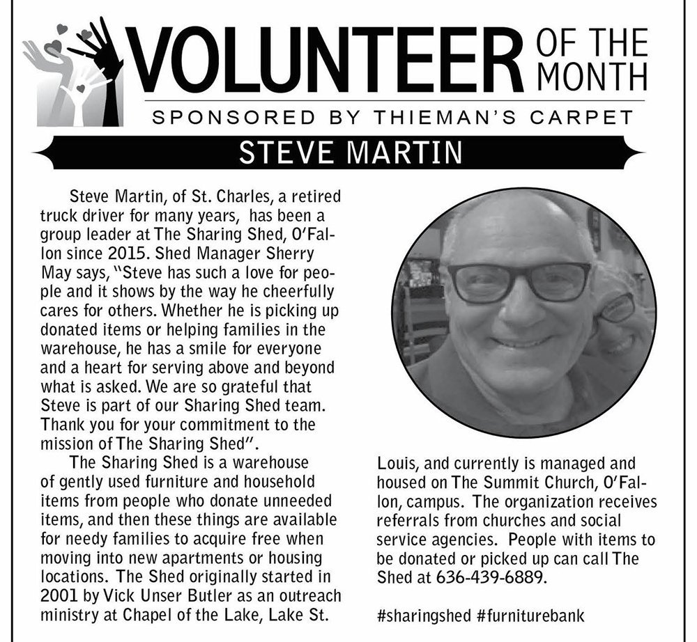 Sharing Shed volunteer Steve Martin is featured as #Volunteer of the Month in the <a href="/NewstimeMO/">Newstime</a> this month! We appreciate all that he and our other volunteers do to work with families in need in our community.