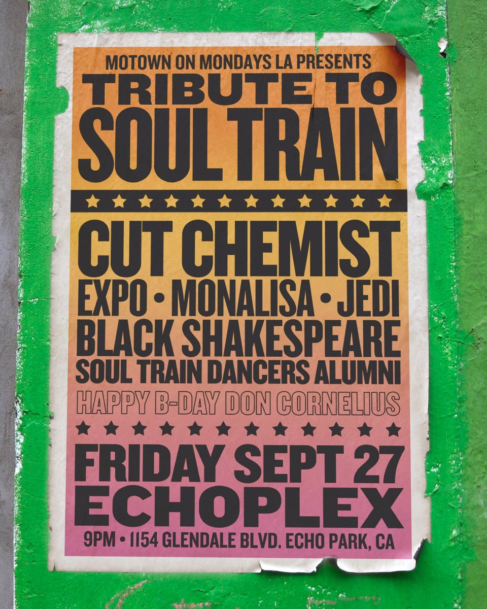 LA, TONIGHT [9/27]: <a href="/MOM_LA/">Motown On Mondays LA</a> ‘Tribute To Soul Train’ at Echoplex (<a href="/TheEchoLA/">The Echo + Echoplex</a>) 🚂 ft. @CutChemist
-
70s/80s Soul/Funk/Disco &amp; More all night!
-
ADVANCE TICKETS: momdjsLA.com
DOOR: $15 before 11pm, $18 after (cash only)