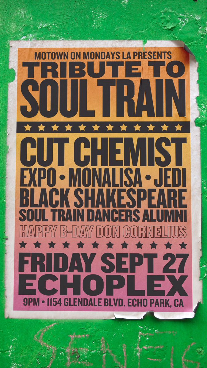 LA, TONIGHT [9/27]: <a href="/MOM_LA/">Motown On Mondays LA</a> ‘Tribute To Soul Train’ at Echoplex (<a href="/TheEchoLA/">The Echo + Echoplex</a>) 🚂 ft. @CutChemist
-
70s/80s Soul/Funk/Disco &amp; More all night!
-
ADVANCE TICKETS: momdjsLA.com
DOOR: $15 before 11pm, $18 after (cash only)
