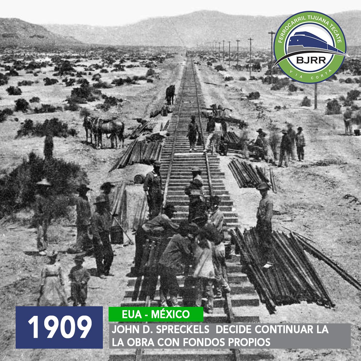 En 1909 el gobierno mexicano solicita a la empresa del San Diego-Arizona formar la compañía del ferrocarril Tijuana-Tecate para poder construir y mantener en renta, por 99 años, un segmento de 44 millas (70.8 kilómetros) en territorio mexicano.
 #BJRR #TrenBinacional #Centenario