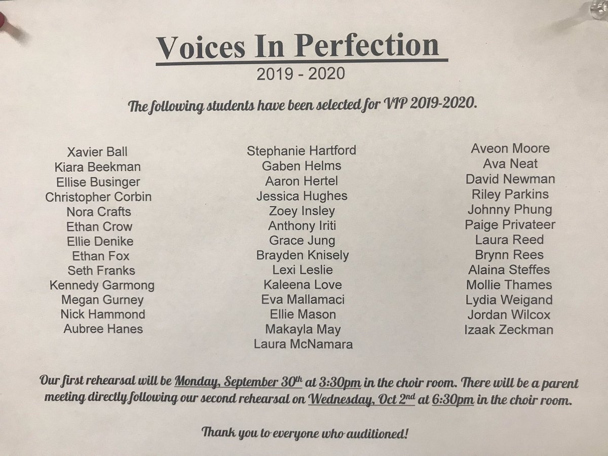 FHS_VIP's tweet image. The VIP results are in!! Congratulations to the new group and thank you to everyone who auditioned!  Our first rehearsal will be  Monday, September 30th at 3:30 in the choir room!!