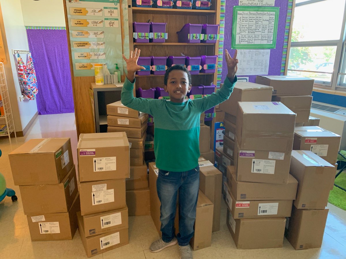 CPS_EL's tweet image. A delivery of @BenchmarkEdu materials prompted a counting lesson with one of Caitlin Richardson's #CPSELbest students at @rbebears!  (There are 53 boxes, in case you were wondering!) #needmorestorage @CPSLanguageArts