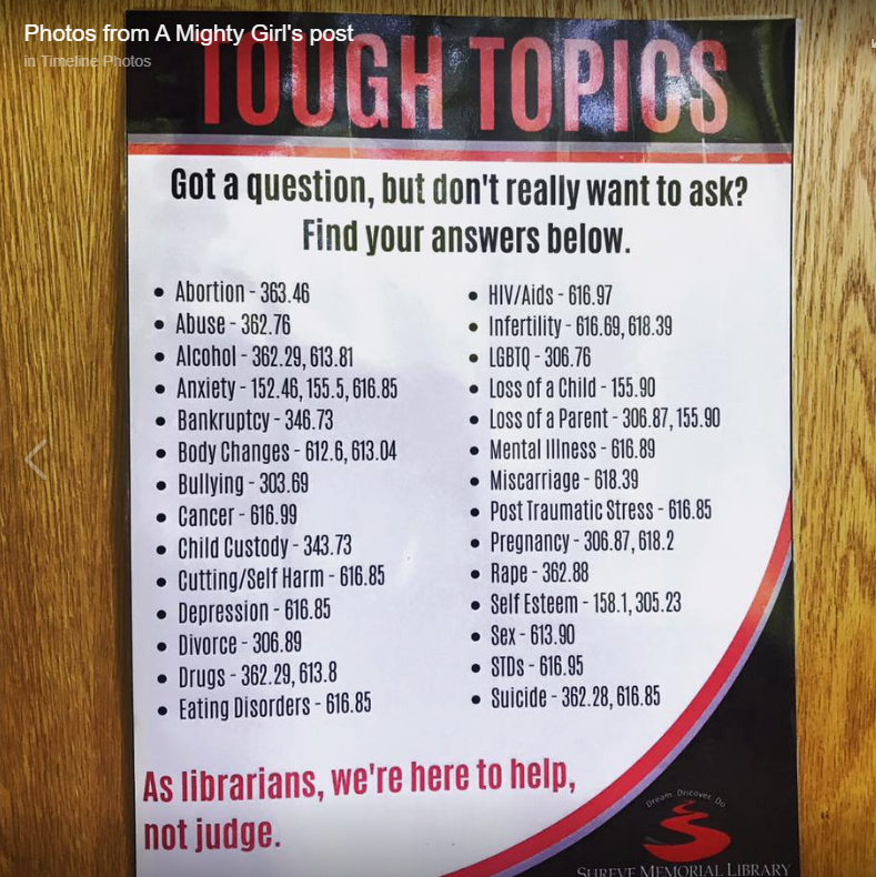 amy_sticha's tweet photo. This 'Tough Topics' poster from the Shreve Memorial Library in Shreveport, Louisiana is especially powerful during Banned Books Week, an annual celebration of the freedom to read! #BannedBooksWeek2019 https://t.co/DTY2FWXuU9