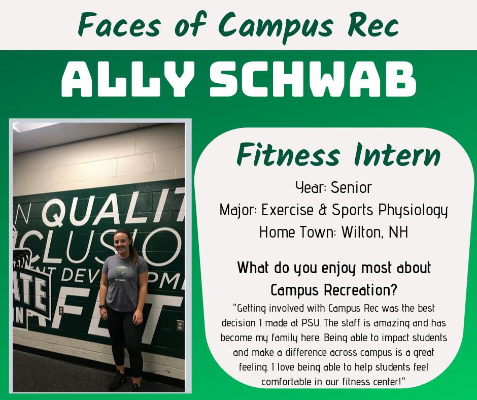 PlymStateRec's tweet image. This week&apos;s Face of Campus Rec is Ally Schwab, &apos;20! A second year intern, Ally does a great job providing a great experience for all @PlymouthState students in the Fitness Room. Thank you, Ally! We are so proud of you and thankful to have you as such a strong leader on our team!