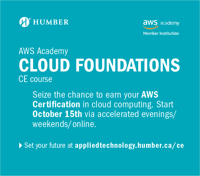 HumberAppTech's tweet photo. The AWS Academy Cloud Foundations course is the perfect way to build skills aligned with the AWS certification and gain some real-world experience! You are still on time to register! For more information: https://t.co/vsdZhvJGtD @humbercollege #AWS #IT https://t.co/mvAcSH45VL