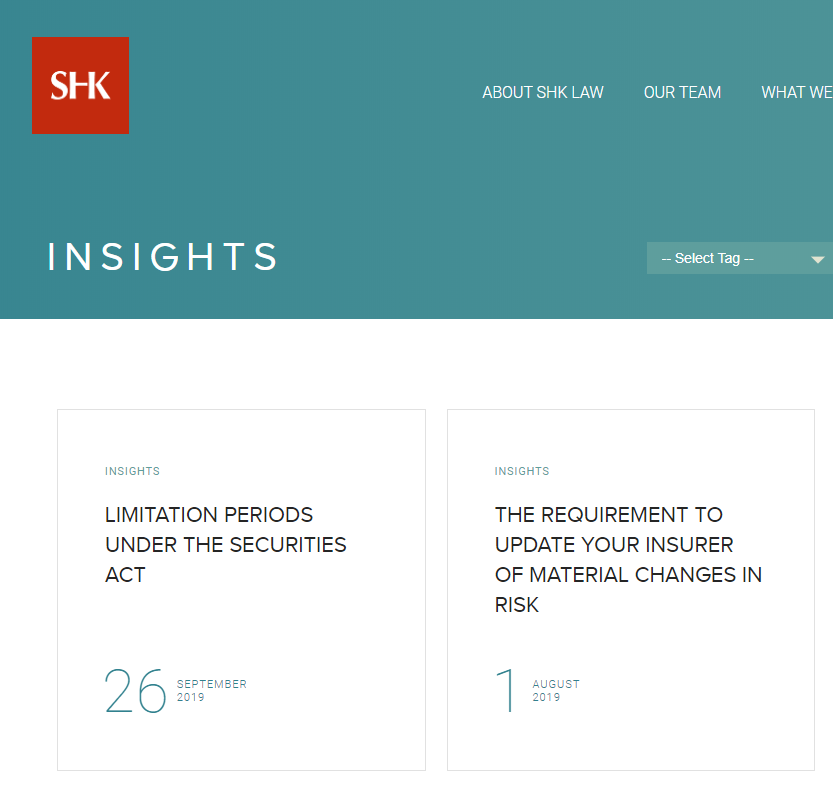 SHKlaw's tweet photo. This month @SHKlaw is pleased to provide you with two articles on timely topics: 1) The Requirement to Update Your Insurer of Material Changes in Risk; and 2) Limitation Periods Under the Securities Act.  

Feel free to contact us for further information!  https://t.co/a0o89YR7MV https://t.co/nRqQuaRabq