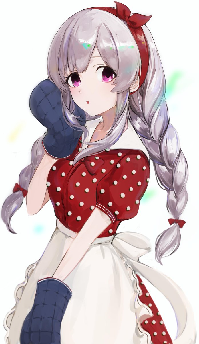 yukoku kiriko 1girl solo apron braid long hair grey hair white background  illustration images