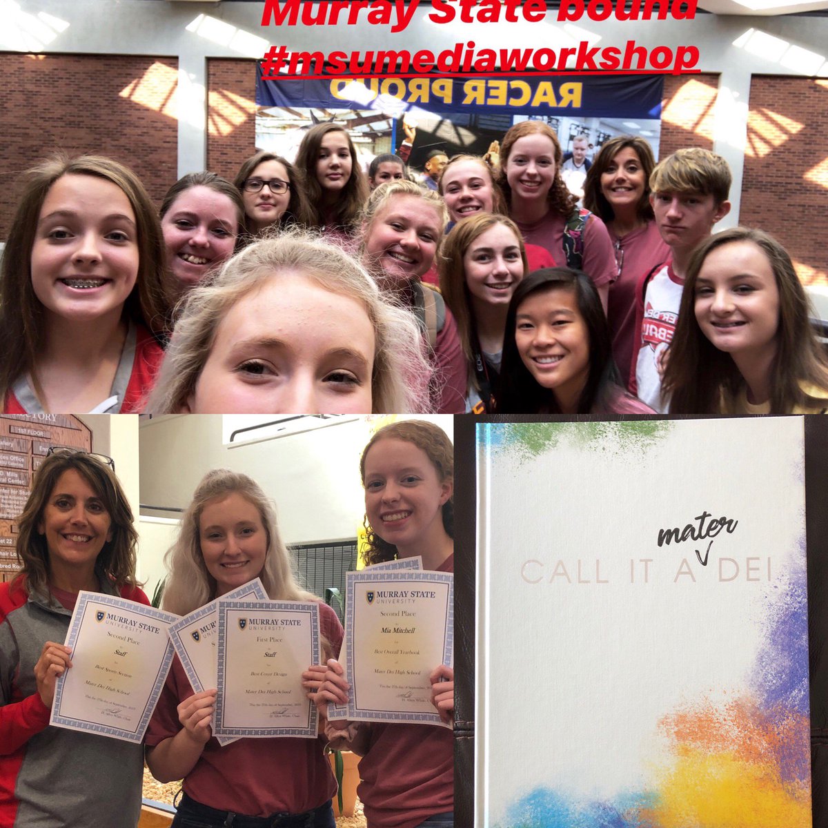 MaterDeiHS's tweet photo. The Murray State Media Workshop was full of learning and winning for JRN & YBK students! The 2019 Hi-Lights yearbook won 1st for cover design & 2nd for sports section, student life, and best overall yearbook! #msumediaworkshop #MaterDeiFamily https://t.co/NYwlS6GjPV