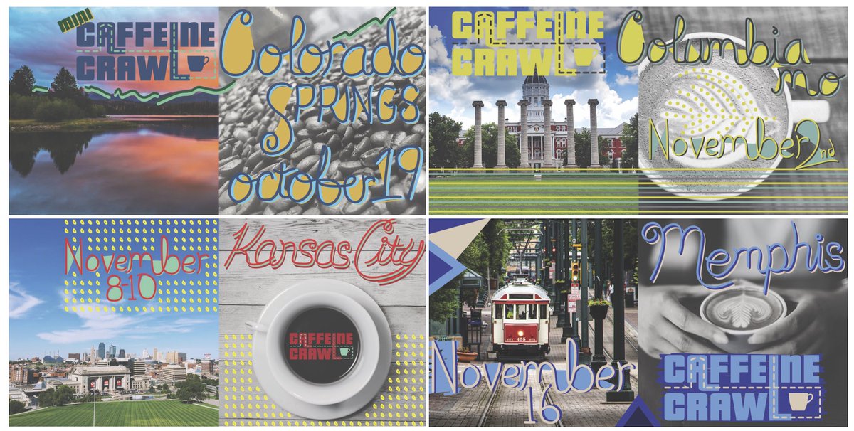 All 4 of the last Caffeine Crawls for 2019 are online. Join us on the nation's best coffee and tea tours. 
* Colorado Springs - Oct 19 *
* Columbia MO - Nov 2 *
* Kansas City - Nov 8/10 *
* Memphis - Nov 16 *