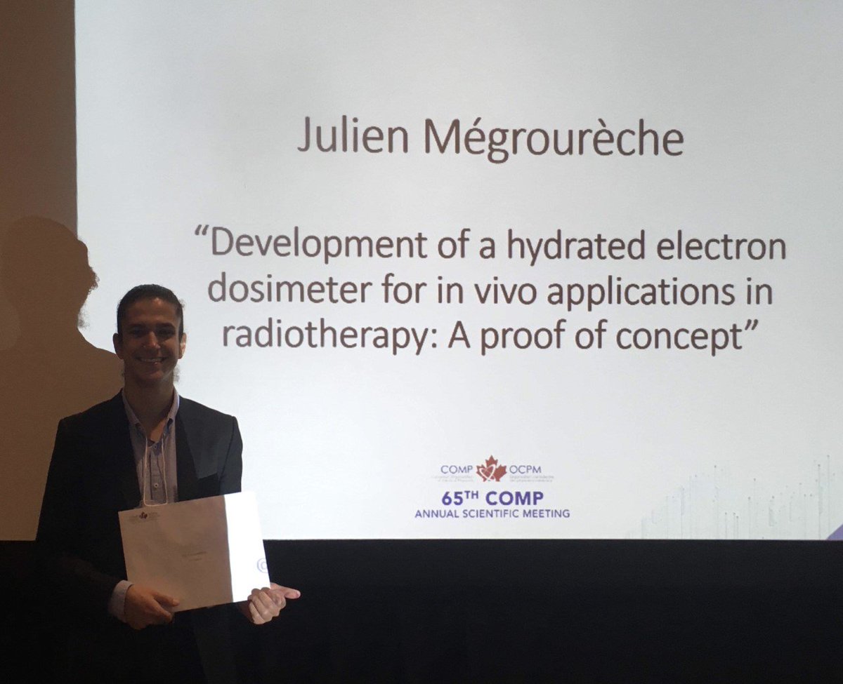 DrShirinAEnger's tweet photo. Julien Mégrourèche won J. R. Cunningham Young Investigator Symposium at @MedphysCA scientific meeting with his project "Development of a hydrated electron dosimeter for in vivo applications in radiotherapy". I am a very proud supervisor! @McGillMedPhys @McGillMed #compasm2019 https://t.co/FktFz93NIH