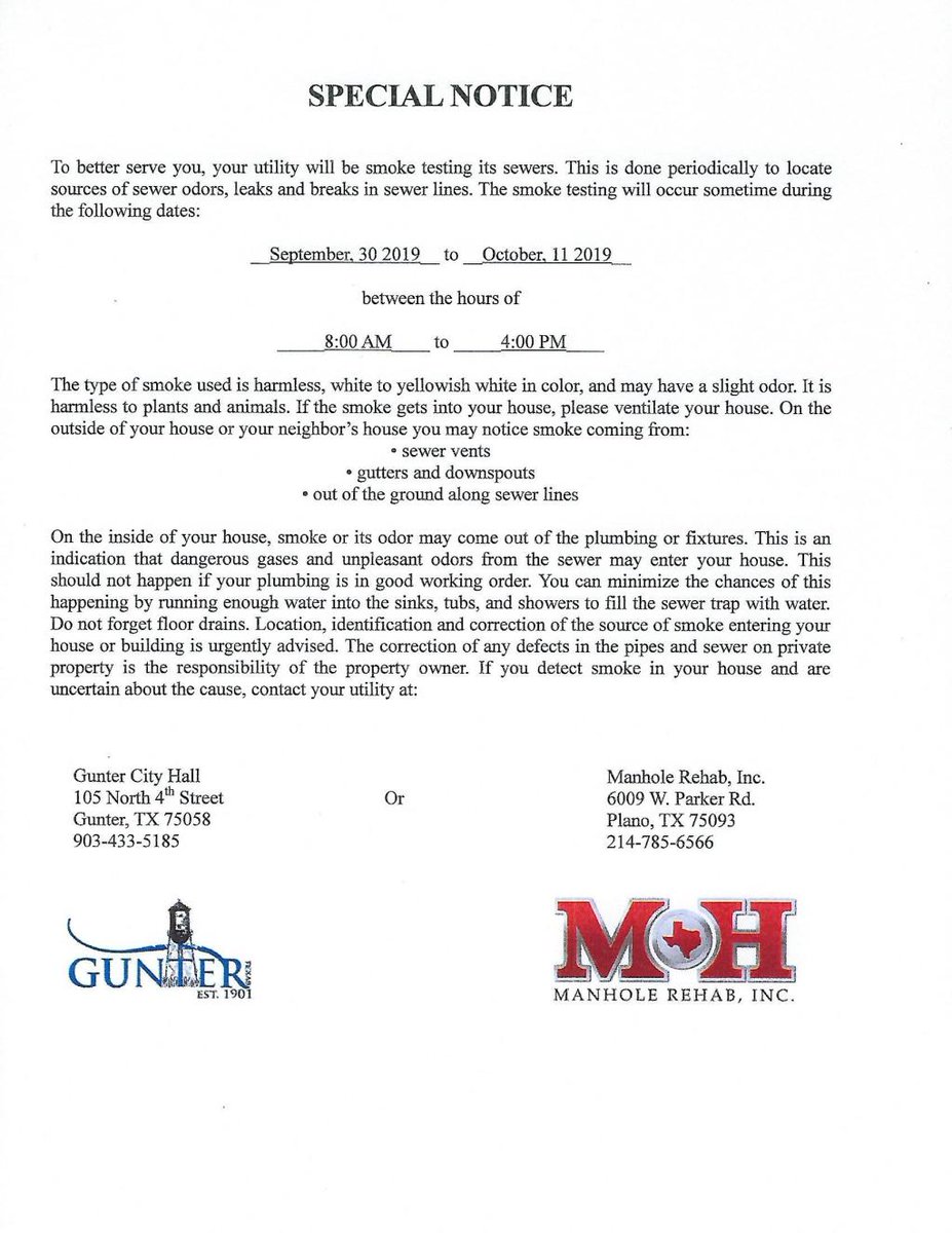 SPECIAL NOTICE – Smoke Testing City Sewer Lines guntertx.gov/2019/09/27/spe…