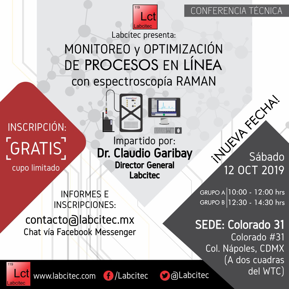 Labcitec's tweet photo. Abrimos nueva fecha: SÁBADO 12 DE OCTUBRE
Grupo A 10:00 - 12:00 hrs y Grupo B 12:30 - 14:30 hrs
Inscripción GRATIS (Cupo limitado)
Informes e inscripciones al correo contacto@labcitec.mx 
#CDMX #Biotecnología https://t.co/99hw2qs1iC