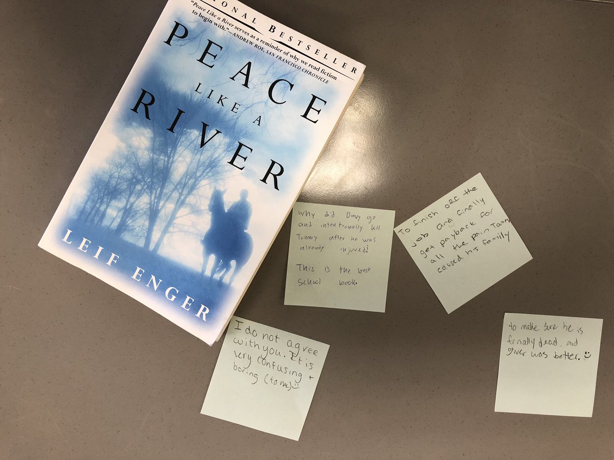 CandaceMcCaffr9's tweet image. Students engaged in a silent discussion, asking and answering questions using post-it’s. They did great! #eighthgrade #englishclass #teachingliterature #pvpanthers