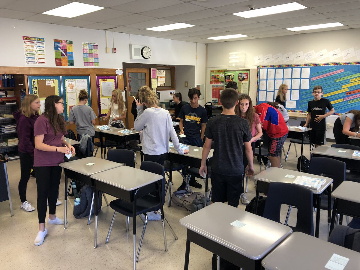 CandaceMcCaffr9's tweet image. Students engaged in a silent discussion, asking and answering questions using post-it’s. They did great! #eighthgrade #englishclass #teachingliterature #pvpanthers