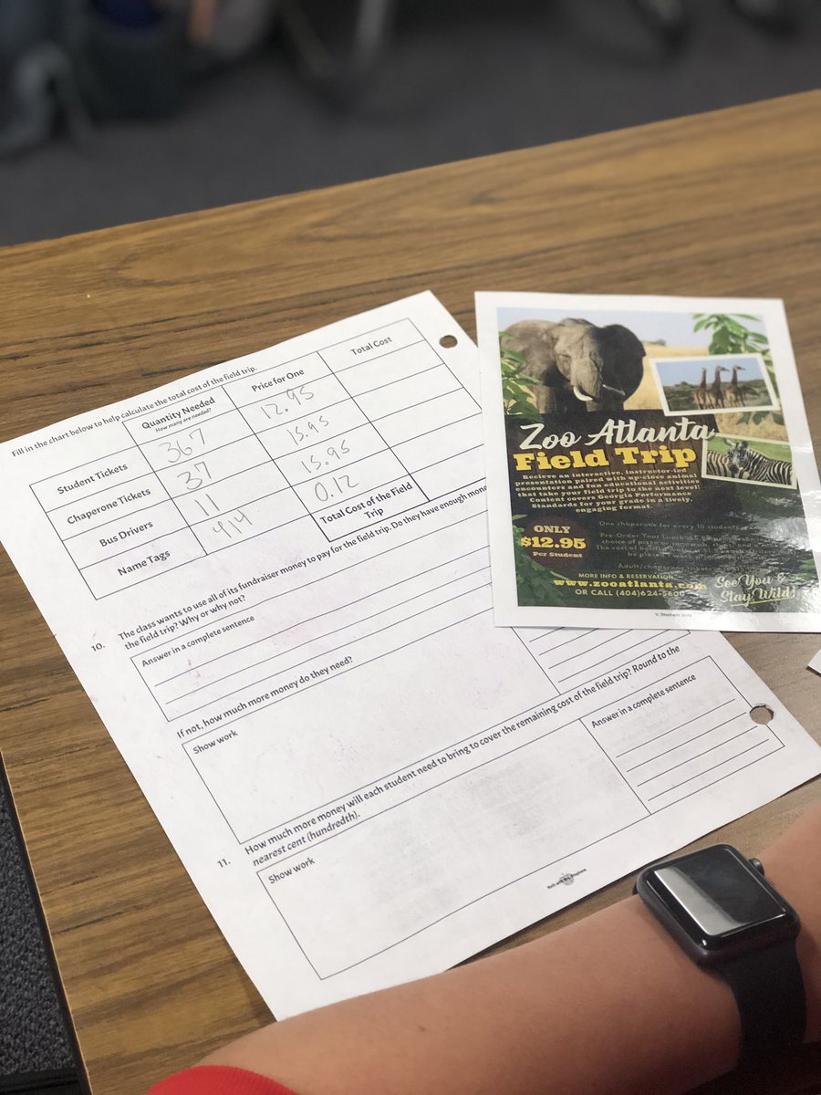 MathMrsGooch's tweet photo. 🦁🐵This past Monday and Tuesday, students planned a trip to the Atlanta zoo using their skills of mixed operations with decimals. They planned # of buses and chaperone numbers based on the flyer given. This was a great enrichment activity created by the best - @MathMrsStephens https://t.co/go59jYjX7x