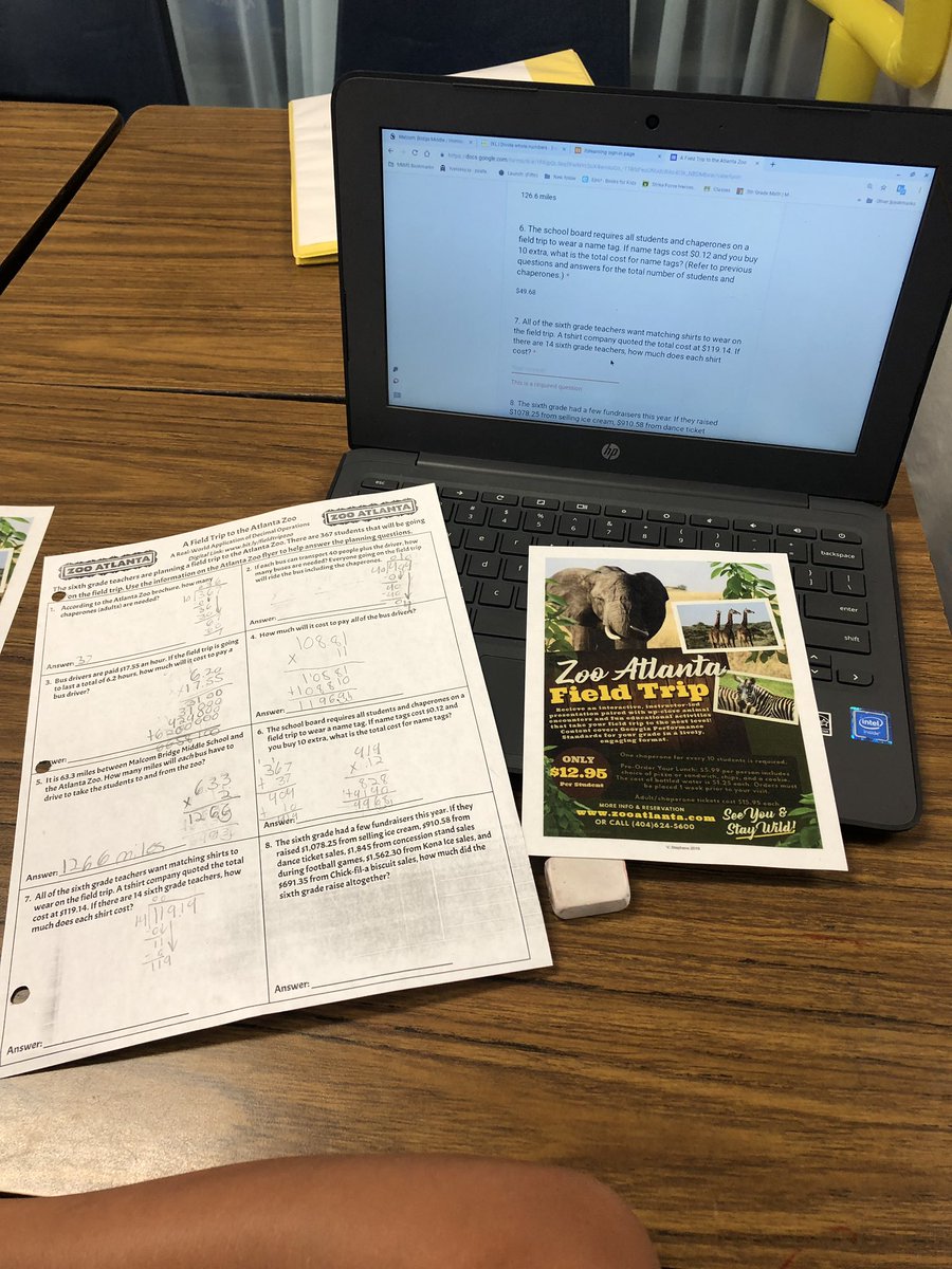 MathMrsGooch's tweet photo. 🦁🐵This past Monday and Tuesday, students planned a trip to the Atlanta zoo using their skills of mixed operations with decimals. They planned # of buses and chaperone numbers based on the flyer given. This was a great enrichment activity created by the best - @MathMrsStephens https://t.co/go59jYjX7x