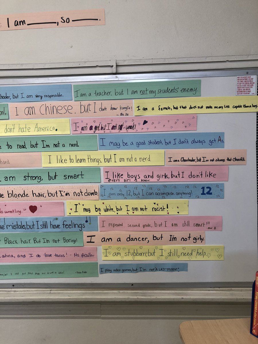 MrsClineELA's tweet photo. I love #teaching #middleschool. I asked students to clarify an aspect of their identity using a compound sentence. Thank you to @BuzzFeed for the lesson inspo. Thank you to my students for restoring my faith in humanity. Which is your favorite? What would you add? #grammarforgood https://t.co/dwerUDoay7