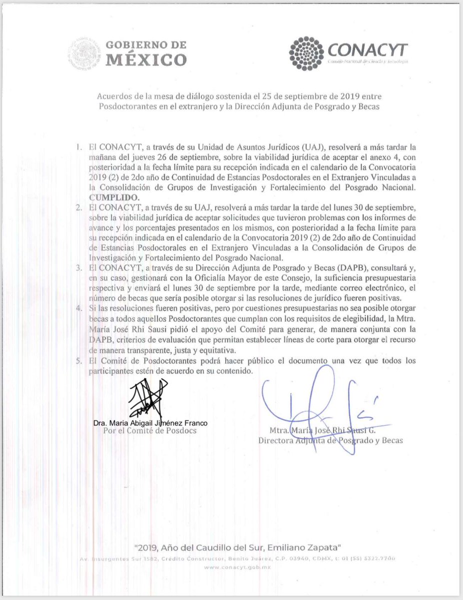MexiCiencia's tweet image. Gracias a todos por su apoyo para que la justicia prevalezca dentro del marco de la legalidad. Hacemos público los acuerdos OFICIALES derivados de la mesa de diálogo con  @Conacyt_MX el 25 de septiembre de 2019.

#CienciaPorMéxico