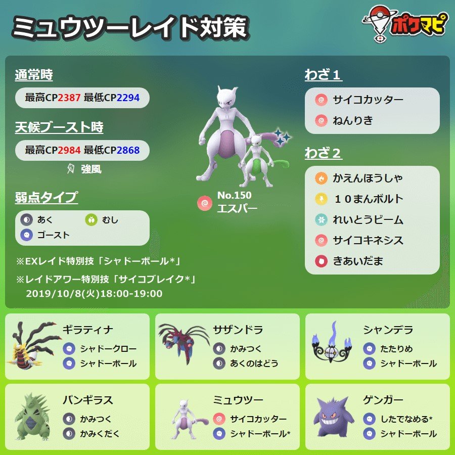 ポケモンgo攻略情報 ポケマピ 最新版 ミュウツーレイド対策について改めてまとめました 対策ポケモンや討伐人数などをご紹介 シャドーボール ミュウツーのexレイド 19 10 6 日 開催 サイコブレイク ミュウツーのレイドアワー 19 10