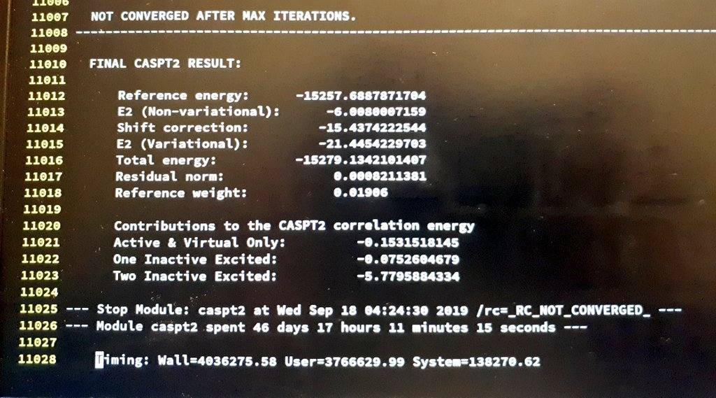 theochemiker's tweet image. That is why they always tell you to select your active space properly. The very last root didn&apos;t converge. Ouch! 😥 #compchem #CASSCF #CASPT2 #AcademicProblems
