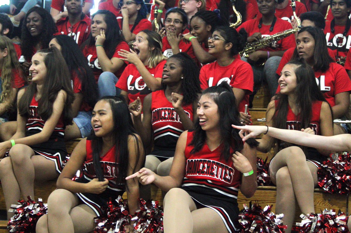 Dancerettes cheer on fall athletes during the relay race at today’s pep rally.