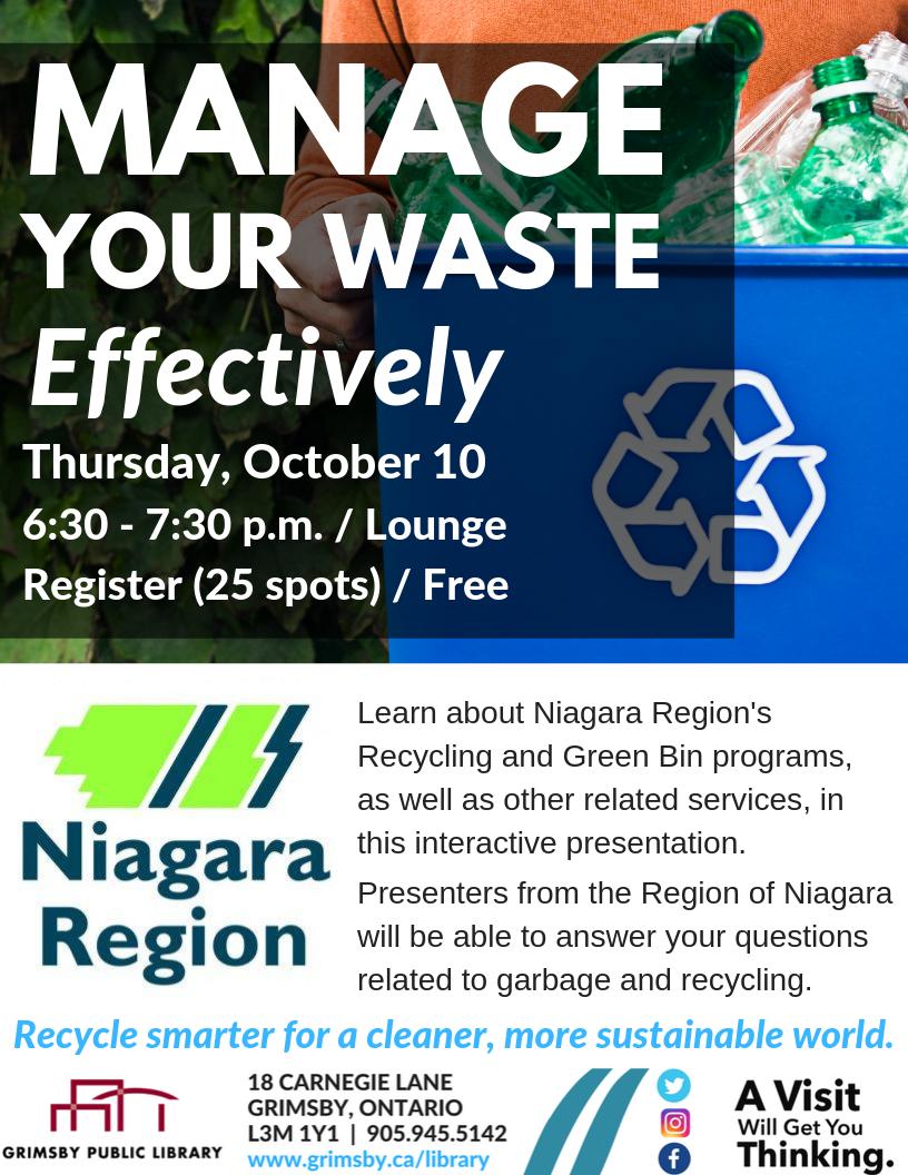 GrimsbyLibrary's tweet photo. Learn about @NiagaraRegion's Recycling and Green Bin programs, as well as other related services, in this interactive presentation. Presenters from the Region will be able to answer your questions related to garbage and recycling. #recycle #GrimsbyOn https://t.co/mvm4hUoVDH