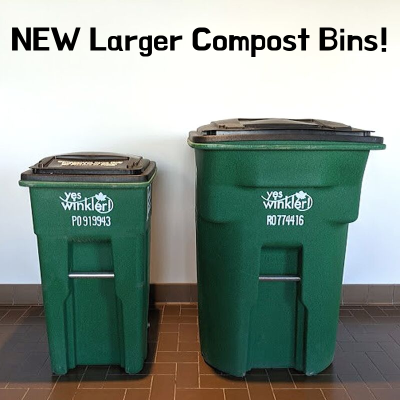 Larger 96 gallon compost bins now available for city residents! Past bins were 32 gallons. They can be purchased for $30 at City Hall.  If you clean and return your old, smaller bin to the Public Works building (345 1st St) You will  receive a $10 rebate on your new, larger bin.