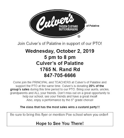 Join us on Wednesday, 10/2 at the Palatine Culver’s!