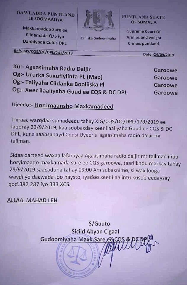 Summoning Ahmed Sheikh Mohamed (Tallman), Radio Daljir Director, to appear today b4 a military court is d latest escalation in crackdown on media freedom in #Puntland, & has a deep chilling effect. NUSOJ stands with Ahmed in full solidarity. #Somalia #StopJudicialHarassment