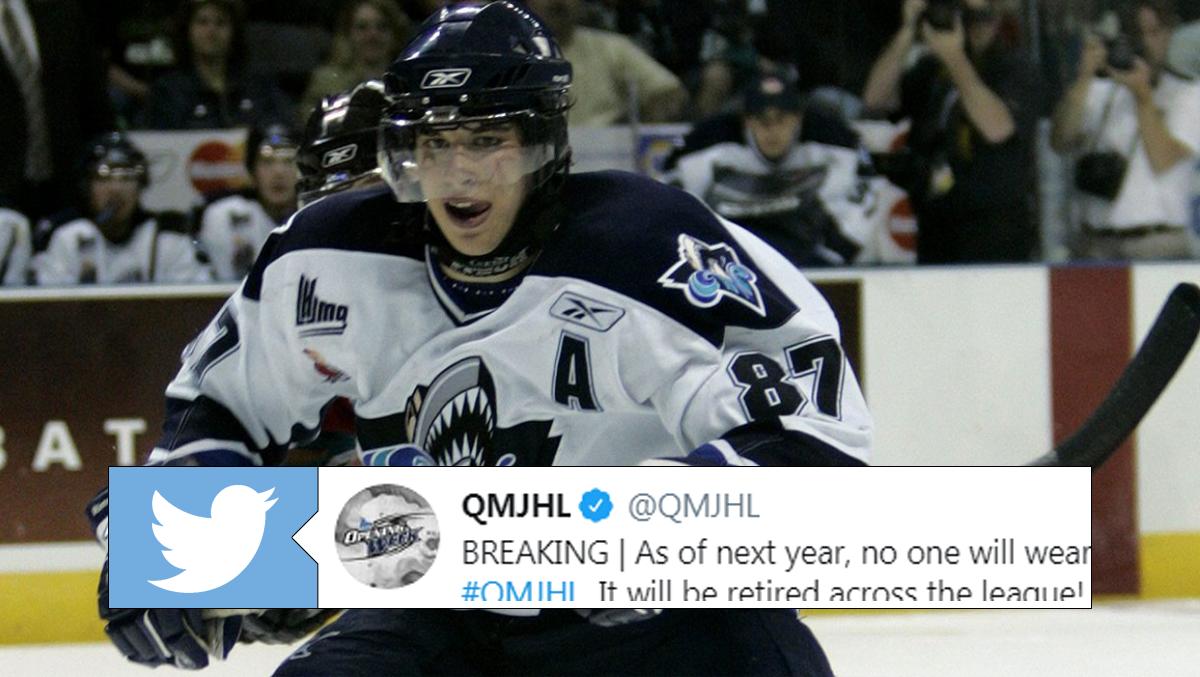 BarDown's tweet photo. Sidney Crosby fights back tears at Rimouski jersey retirement, QMJHL retires number league-wide. MORE @ https://t.co/Sx5MVCO4q4 https://t.co/fZqOn3R1AY