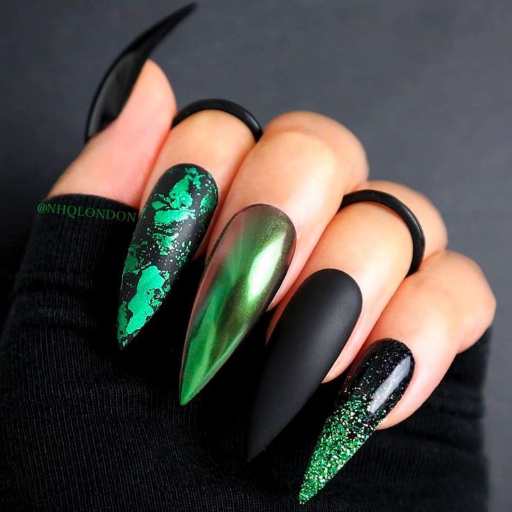27+ Eye Catching Ideas For Black and Green Nails - Nail Designs Daily | Green  nails, Green nail designs, Black almond nails