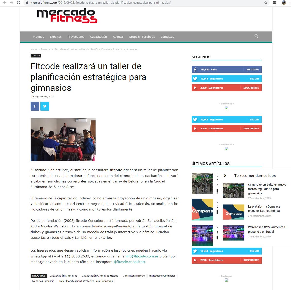 gabylosino's tweet image. &quot;Fitcode realizará un taller de planificación estratégica para gimnasios&quot; - Sección Noticias Revista #MercadoFitness (Jueves 26/09/2019)

👉 mercadofitness.com/2019/09/26/fit…

#Prensa #Press #Medios #Media #Clipping #Fitcode #ConectandoGestión #Workshop #Gimnasios