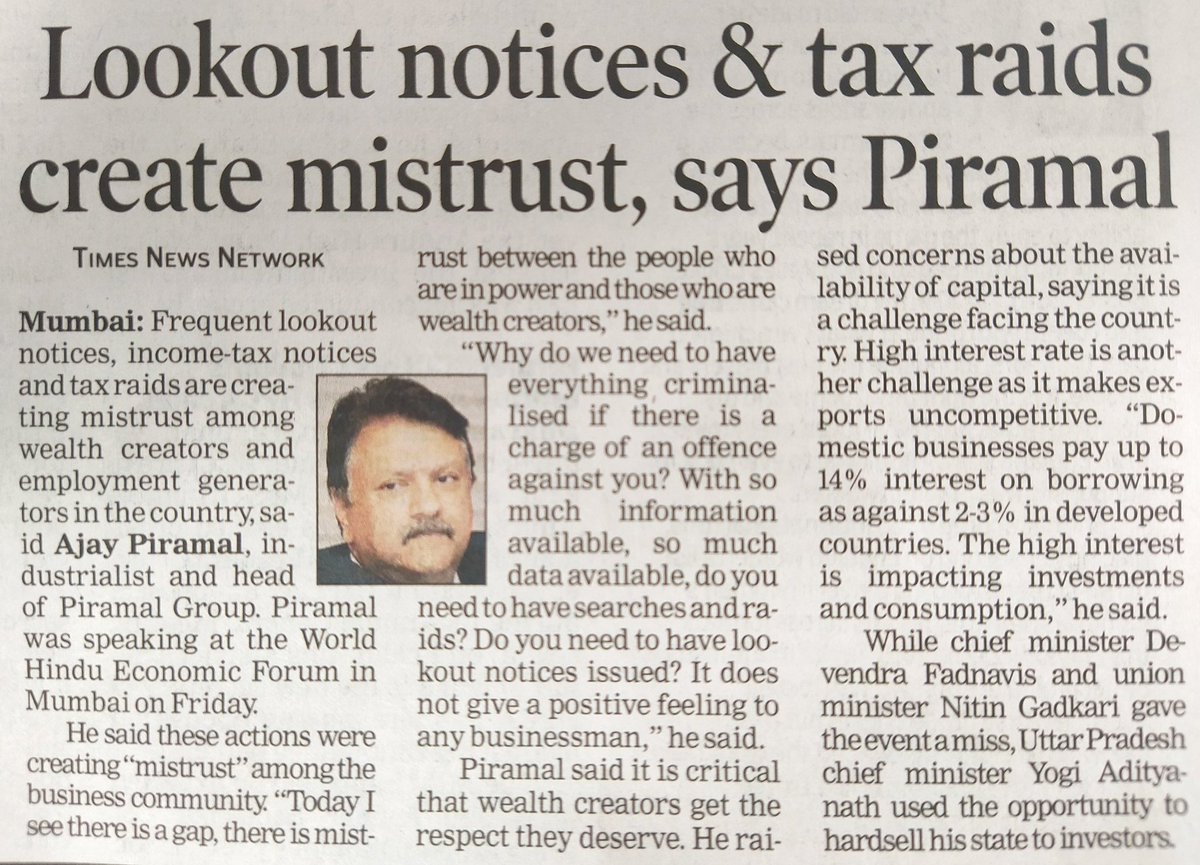 #NoLookOutNotice, #NoTaxRaids (put them behind the bar!!) if @mygovindia has charge of an offence against #wealthcreators & #EmploymentGenerators.correct my understanding @PiramalGroup if u think otherwise.Bold statement at #WorldEconomyForum #Mumbai.@CNBCTV18News @EconomicTimes