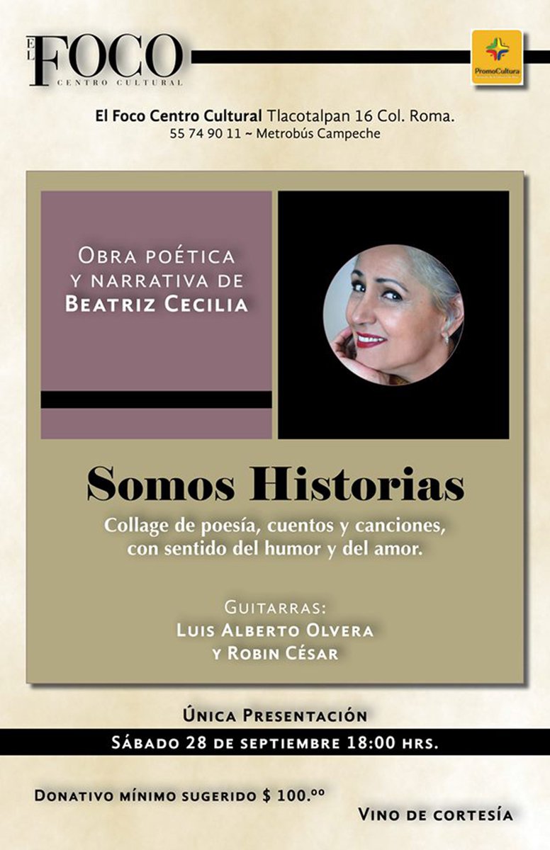 Siempre regresamos al lugar donde hemos sido felices. 
Tarde de #Poesía #Cuentos #Canciones #Recuerdos #Bohemia #VinoTinto #Humor #Amor 
Única función 28 de sept. 18:00 hrs. <a href="/El__FoCo/">C. Cultural el FoCo</a> 
<a href="/CarteleraCM/">CarteleraCDMX</a> <a href="/arteycultura/">Cartelera Cultural</a> <a href="/_ArellanoA/">Alberto Arellano</a> <a href="/HLfavorito/">Pronósticos & Trading</a> <a href="/promocionLibros/">Promoción de Libros</a>