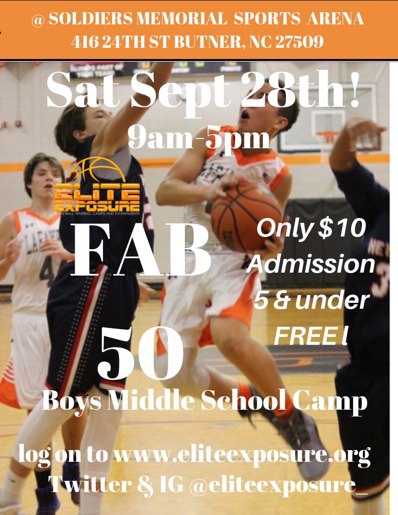 eliteexposure_'s tweet photo. If you ❤️🏀 Come OUT &amp; 👀 some of the Best Young Talent @ FAB 50 Exposure Camp for Middle School Boys!@ Soldiers Memorial Sports Arena 416 24th Street Butner NC 27509 $10 admission 5 &amp; under free #💪🏾🏀Moves #completecompete #youthbasketball #boysbasketball https://t.co/8ytTkmleYy