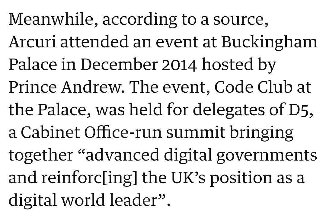 Creepy: Randy Andy, close friend of Epstein's pimp Ghislaine Maxwell, hosts Code Club at Bucks Palace, awarding pole-dancing BoJo friend for developing 'Jim'll fix it-type' cyberbadges for kids.Please tell me I'm making this up! https://www.theguardian.com/politics/2019/sep/27/exclusive-jennifer-arcuri-won-visa-after-johnson-backed-firm