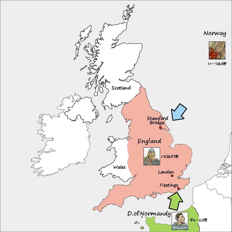 アプロ を撃破するために軍を北進させたのだ 9月27日 ノルマンディー軍がイングランド南部に上陸した時 ハロルド王の軍は スタンフォードブリッジの戦いでノルウェー軍を叩き潰したばかりで南はがら空きであった 無血上陸し 悠々と陣を敷く
