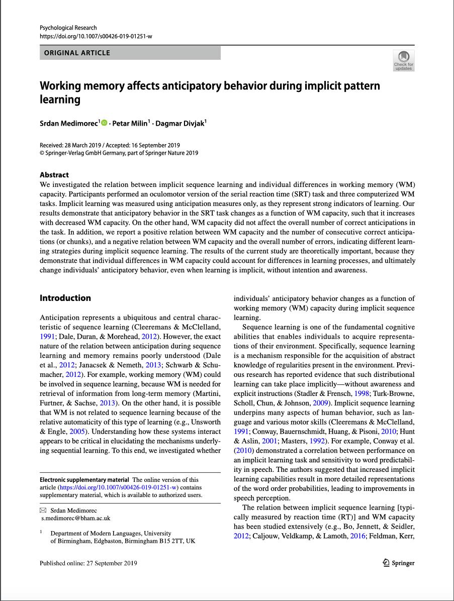 Out now, our paper on how working memory affects anticipatory behavior during implicit pattern learning. You can read it for free here rdcu.be/bR6Q2