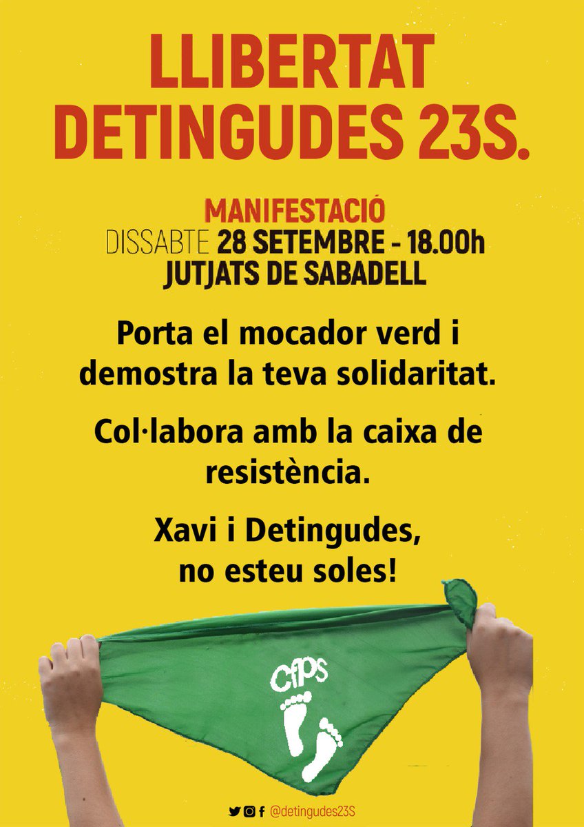 Barraques_sbd's tweet photo. Avui omplim la manifestació per les @Detingudes23S de mocadors de CFPS, en record de'n Xavi, és membre actiu de la comissió de festes populars de Sabadell des de fa anys! 
Avui, per tu! I per totes elles!
Perquè us volem a casa!
#Sabadell #detinguts23S https://t.co/ihD4Za14Wu