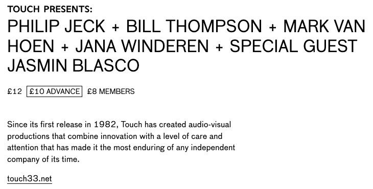 If these ears could be in London tonight, they'd be <a href="/Cafeoto/">Cafe OTO</a> for the all-star @touch extravaganza w/<a href="/philipjeck/">Philip Jeck</a> <a href="/janawinderen/">Jana Winderen</a> @Mark_Van_Hoen <a href="/JasminBlasco/">Jasmin Blasco</a> &amp; @prof_lofi!

cafeoto.co.uk/events/touch-p…