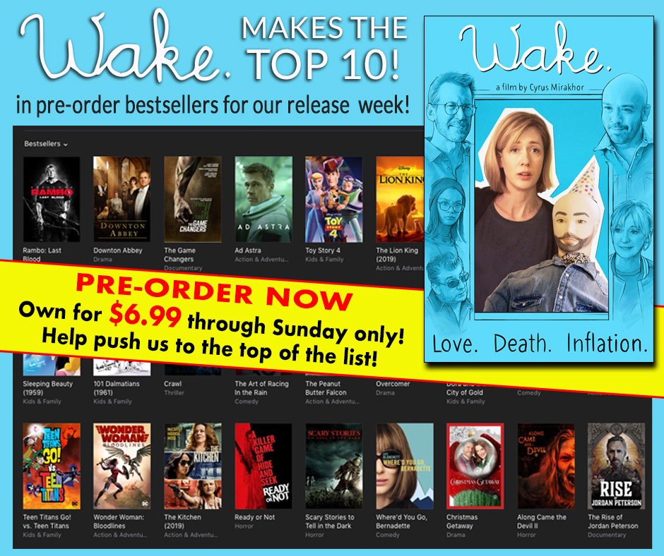 wakeflick's tweet photo. Wake. is a bestseller for 10/8 on iTunes and now you can pre-order for $6.99 through Sunday! @mirrorcore @GravitasVOD #indiefilmmaking #cinephile #traumedy #filmlover #supportindiefilm #wakethemovie #wemadeamovie #moviestowatch https://t.co/La2OtaQCE5 https://t.co/6lhOprfHVp