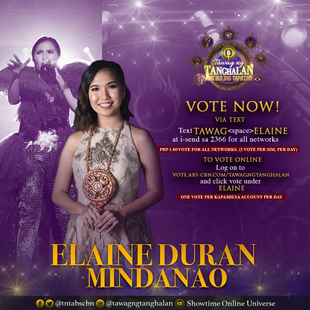 TNTABSCBN's tweet photo. Si ELAINE ba ang iyong GRAND CHAMPION? Itodo na ang  pagboto! #TNT3AngHulingTapatan https://t.co/E8fgXtsYXr