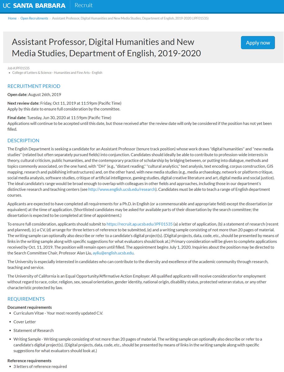alanyliu's tweet image. Reminder (applications desired by 11 Oct. 2019) --  @UCSB_English search for Assistant Professor in Digital Humanities &amp;amp; New Media Studies (UC Santa Barbara, English Dept.). Job call at: recruit.ap.ucsb.edu/JPF01535. UCSB is an Equal Opportunity/Affirmative Action Employer.